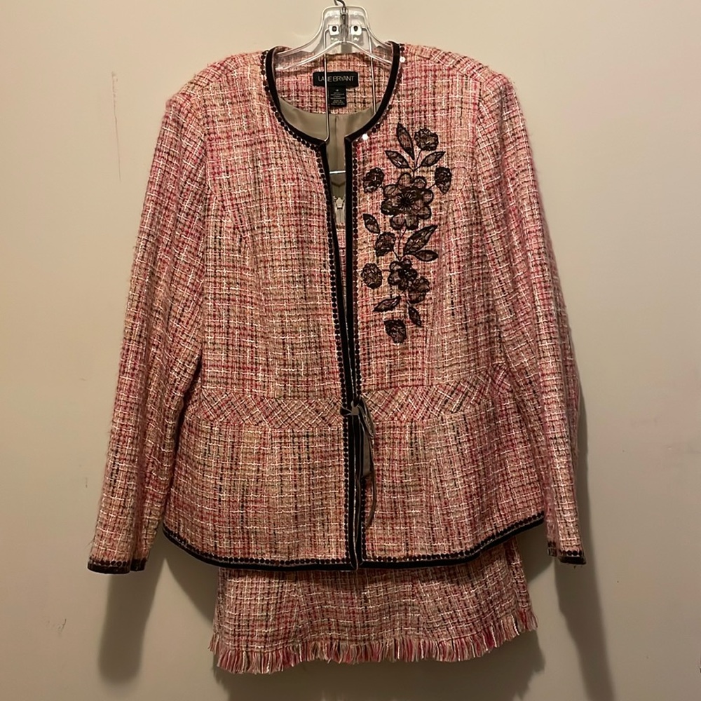 Lane Bryant Pink Tweed Embroidered Blazer and Skirt Set